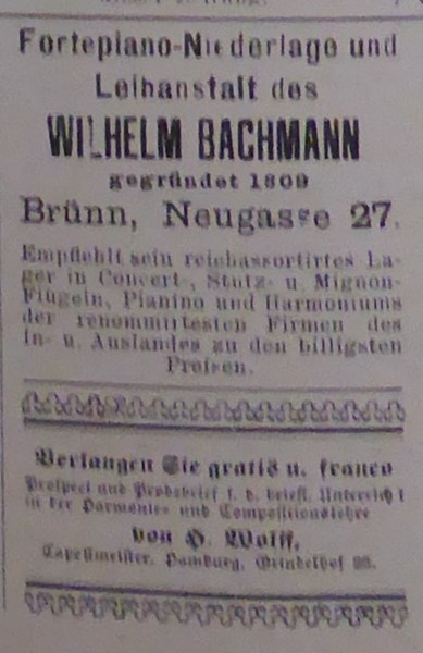 Inzerce W. Bachmanna v Neue musikalische Presse, roč. IV, 1895, č. 38, s. 8.